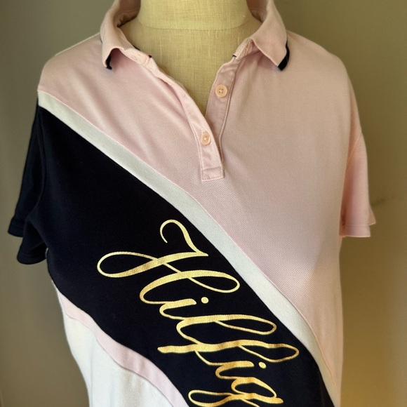 Tommy Hilfiger Banner Stripe Gold Script Logo Polo Shirt Mini Dress Size S - Picture 6 of 11